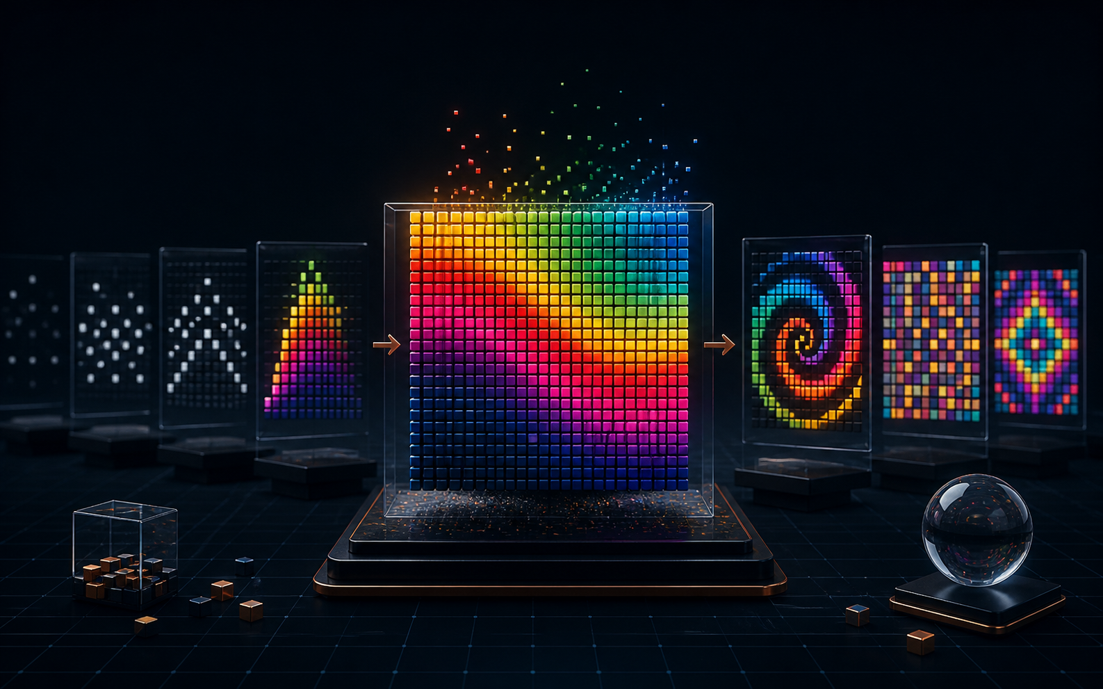 Experimenta con matrices y repeticiones para generar ondas, mosaicos y efectos visuales.